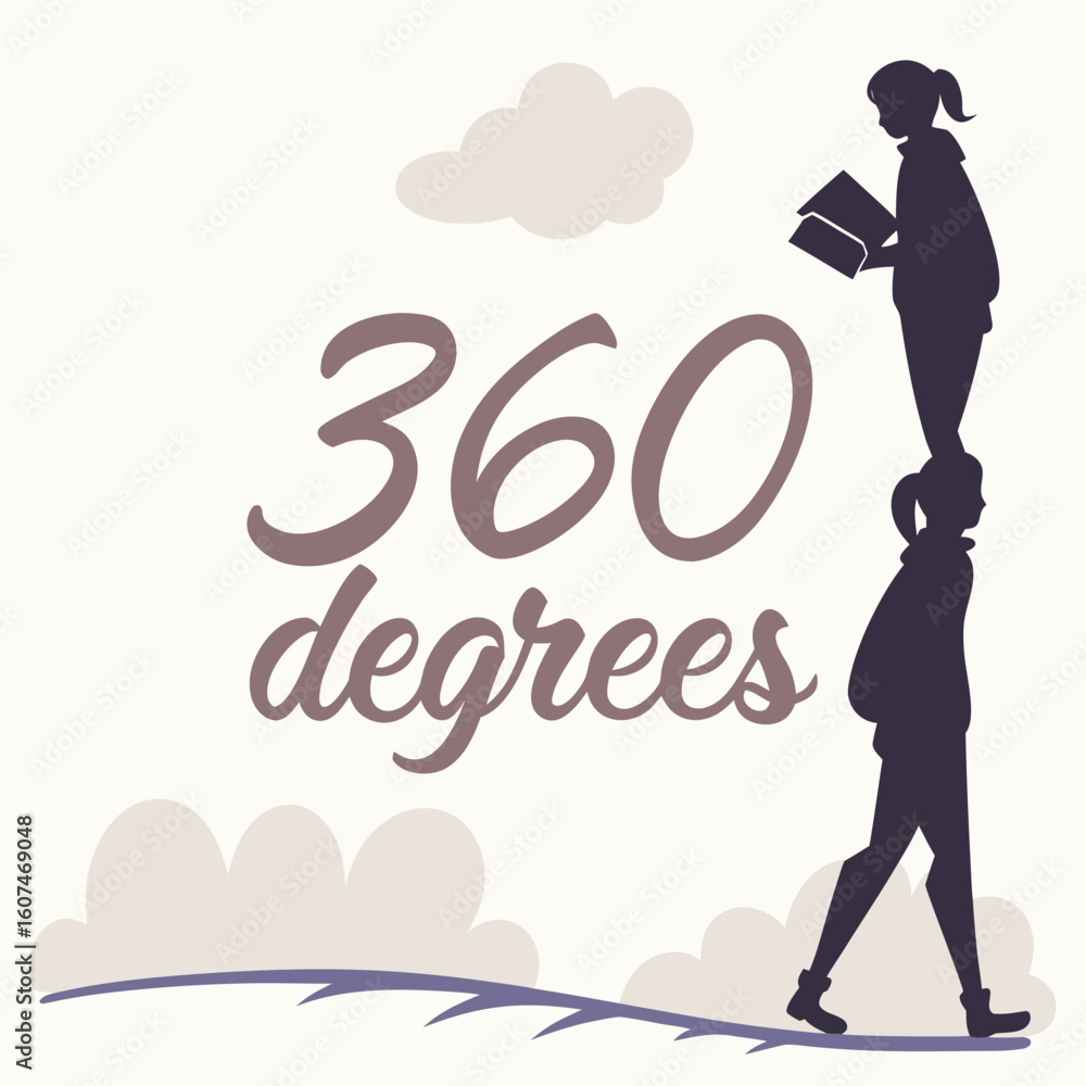 Fototapeta premium Silhouette of two girls stacked with 360 degrees text and clouds on a light background visual image