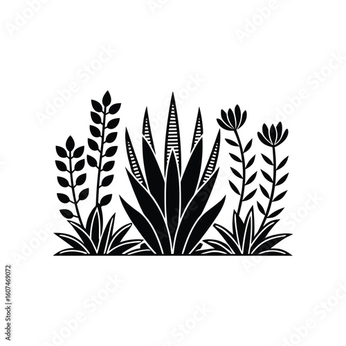 Silhouette Vector Illustration of Assorted Succulent and Desert Plants in Garden Row Featuring Aloe, Echeveria, and Leafy Botanical Elements