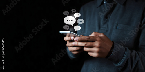 Man Using Smartphone with Speech Bubbles | Mobile Communication Concept for Messaging Apps