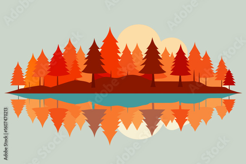 Vibrant autumn forest reflected in calm water under a pale sky