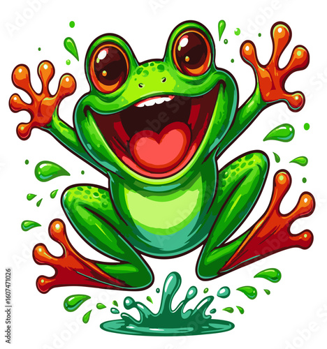 Crazy fun green frog, cartoon vector. AI