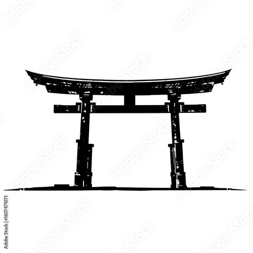 a stark black and white illustration of a traditional japanese torii gate