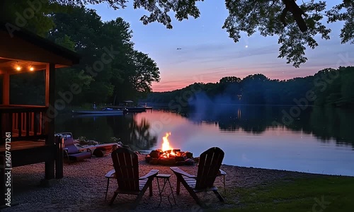Cozy campfire with lakeside seating under evening sky. Quiet and serene outdoors