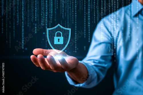 Cyber Security Shield Over Hand | Protection Against Digital Data with Binary Code for Business
