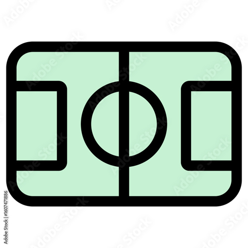This icon depicts a schematic view of a soccer field, representing sports, competition, and recreational activities.