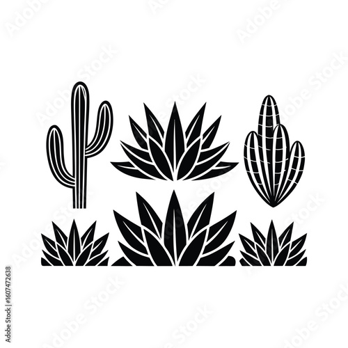 Silhouette Vector Illustration of Assorted Succulent and Desert Plants in Garden Row Featuring Aloe, Echeveria, and Leafy Botanical Elements