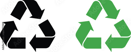 Two minimalist recycling symbols are displayed side-by-side against a clean white background. Each symbol features three arrows arranged in a triangular, continuous loop, conveying the cycle of recycl