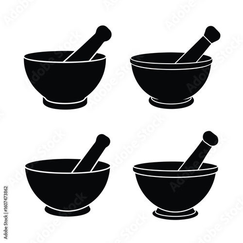 Kitchen Tools Silhouettes – Mortar and Pestle Icon Set, Black Vector Collection of Kitchen Utensils Isolated on White Background