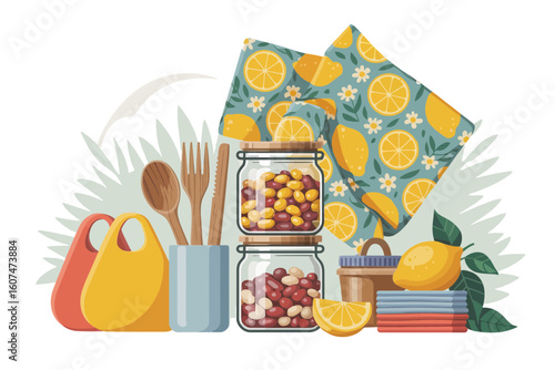 Kitchen items with lemons and beans on white background