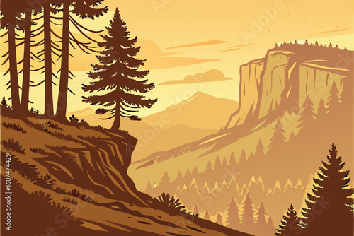 expansive dramatic cliff, lush pine trees, rugged mountain range in background, warm sunset lighting, scenic vista, beautiful natural landscape, detailed rolling hills, atmospheric hazy environment