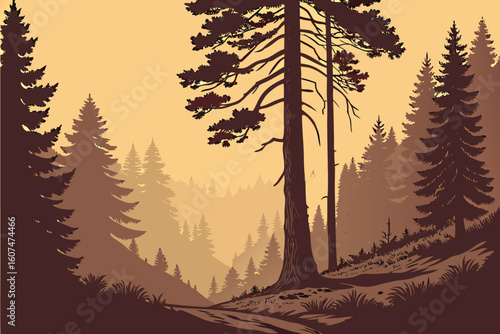 dark moody forest, pine tree silhouette, warm sunset lighting, glowing atmosphere, dramatic landscape, cinematic lighting, fantasy environment, mystical vibes, magical realism, scenic nature photog
