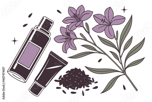  beautiful purple flowers, close-up of cosmetic products, dark-colored tea leaves, nature, arrangement, white background