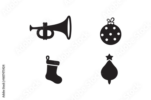 Four black christmas icons including trumpet ornament stocking and tree