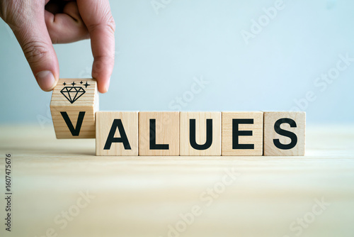 Values Wooden Blocks with Diamond Symbol | Business Ethics, Core Values and Integrity Concept