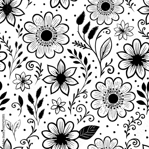 Seamless black and white pattern with intricate, hand-drawn doodle flowers, leaves, and swirls. A detailed and whimsical floral line art illustration perfect for backgrounds and textiles