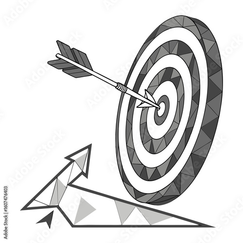 Polygonal isolated target with arrow on white background. Modern low poly monochrome style. Technology and innovation vector illustration with 3D effect. Growth strategy or financial goal .