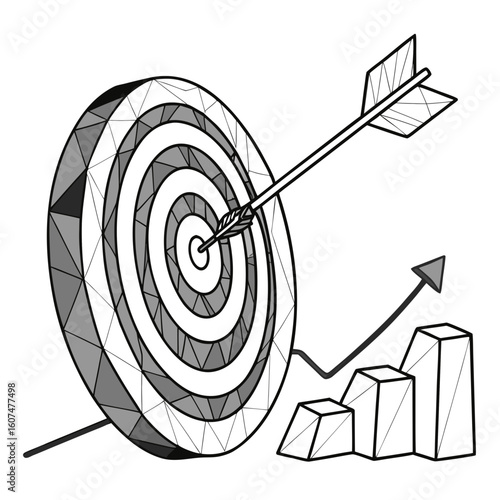 Polygonal isolated target with arrow on white background. Modern low poly monochrome style. Technology and innovation vector illustration with 3D effect. Growth strategy or financial goal .