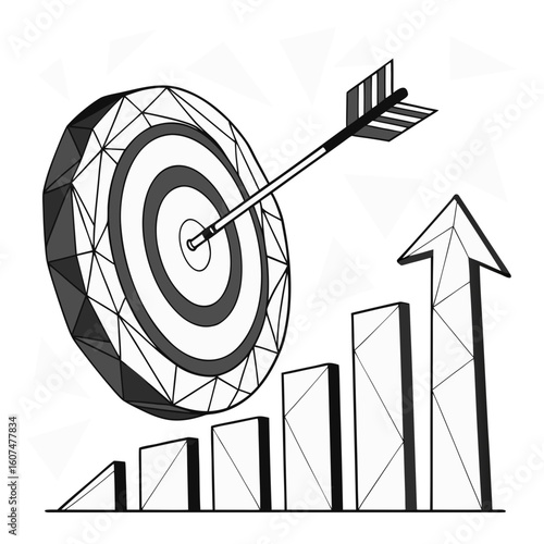 Polygonal isolated target with arrow on white background. Modern low poly monochrome style. Technology and innovation vector illustration with 3D effect. Growth strategy or financial goal .