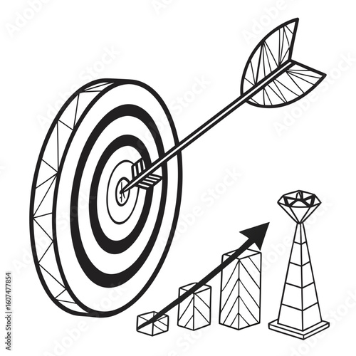 Polygonal isolated target with arrow on white background. Modern low poly monochrome style. Technology and innovation vector illustration with 3D effect. Growth strategy or financial goal .