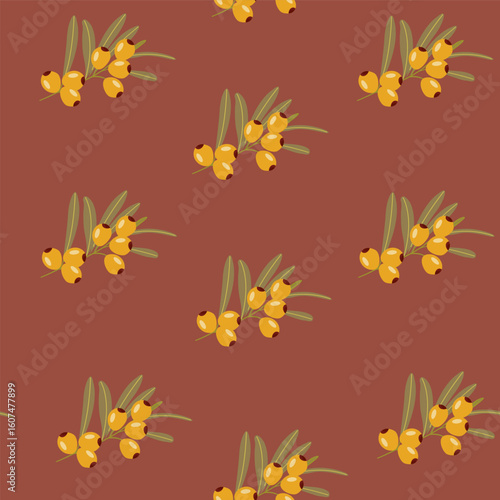 Seamless pattern with buckthorn branch and green leaves Background for packaging and gifts Vector illustration