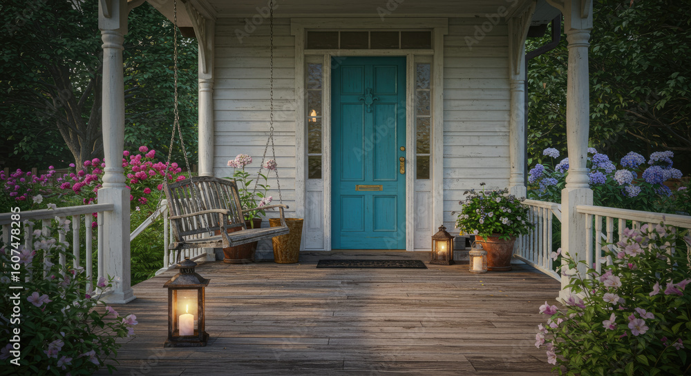 Obraz premium Serene Porch with Swing and Flowers.