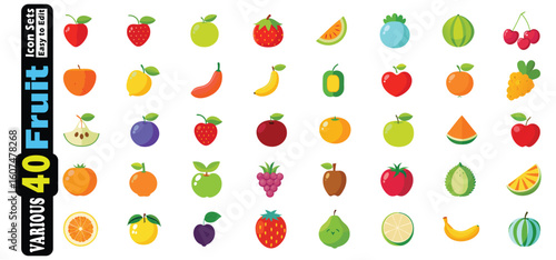 Assorted colorful flat fruit icons on white background with text apple strawberry