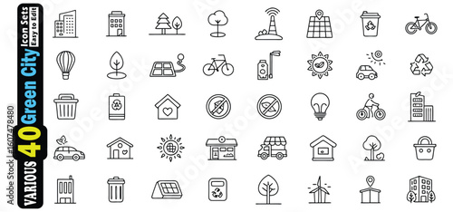 Collection of 40 black and white line art icons for green city living icon set eco friendly