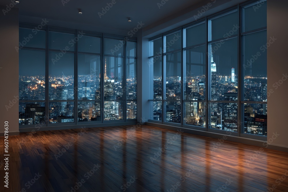 Fototapeta premium Modern Apartment with City View at Night.