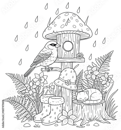 Whimsical Rainy Day Scene with Birdhouse, Sparrow, Sleeping Cat, and Flowers — Cute Coloring Page