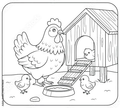 Mother hen with chicks near wooden chicken coop – cute farm scene in black and white line art for coloring pages