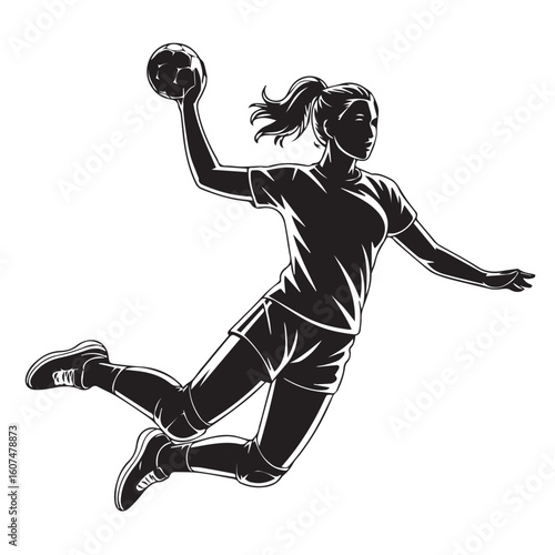 Vector art of a female handball player jumps to throw the ball, isolated on white background