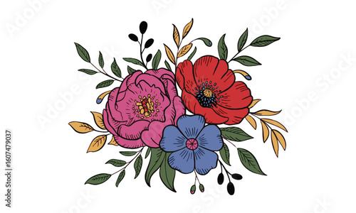 Modern vector illustration of various hand-drawn flowers and leaves arranged, a Beautiful romantic flower collection, leaves, floral bouquets, flower compositions., easily editable.
