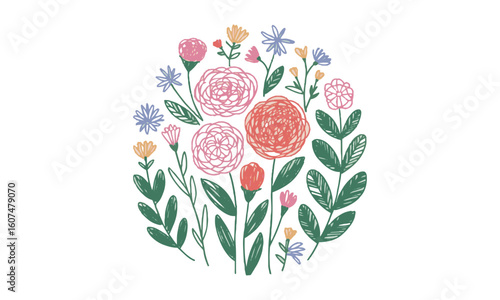 Modern vector illustration of various hand-drawn flowers and leaves arranged, a Beautiful romantic flower collection, leaves, floral bouquets, flower compositions., easily editable.