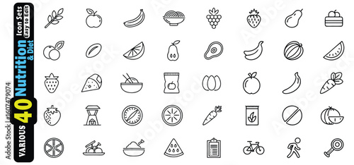 Collection of 40 nutrition and diet related outline icons on white background food healthy