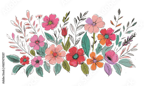 Modern vector illustration of various hand-drawn flowers and leaves arranged, a Beautiful romantic flower collection, leaves, floral bouquets, flower compositions., easily editable.