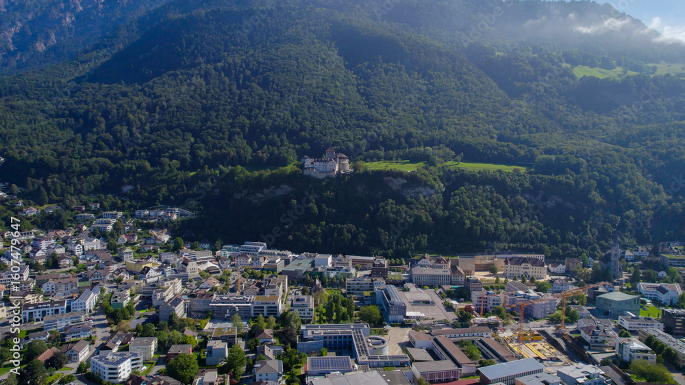 Aerial panorama view around the city Vaduz in Liechtenstein on a sunny morning day in summer. Aerial panorama view around the city Vaduz in Liechtenstein on a sunny morning day in summer.