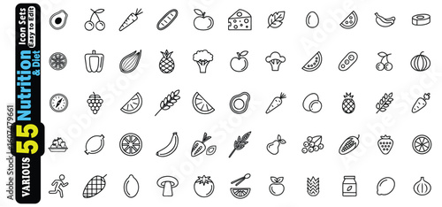 Collection of 55 nutrition and diet related line art icons on white background food