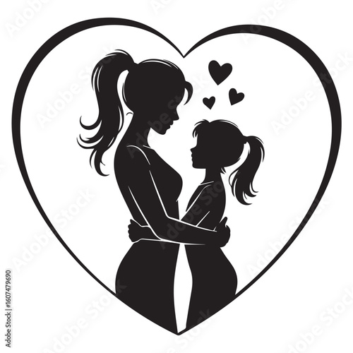 Vector art of a loving mother and daughter embrace within a heart silhouette, symbolizing family love