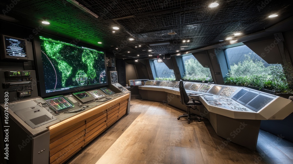 Fototapeta premium Modern control room with screens and consoles