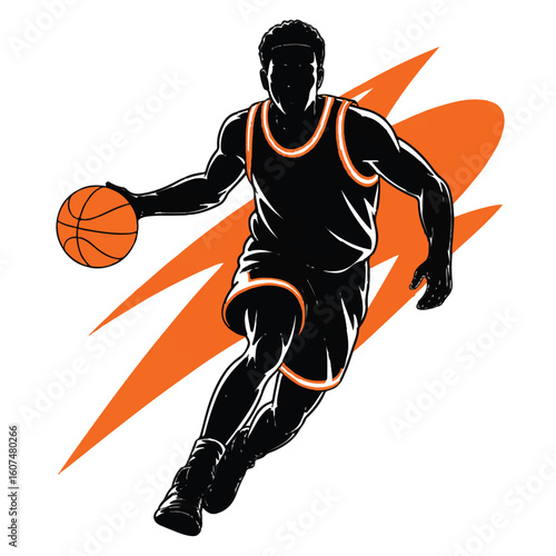 Vector art of a male basketball player dribbles the ball down the court, isolated on white background