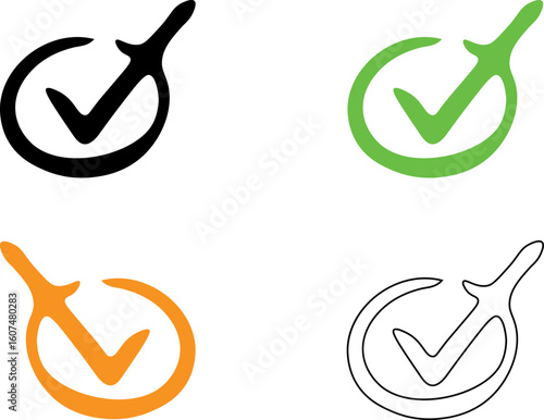 Four Airplane Checkmark Icons Black Green Orange White Background vector