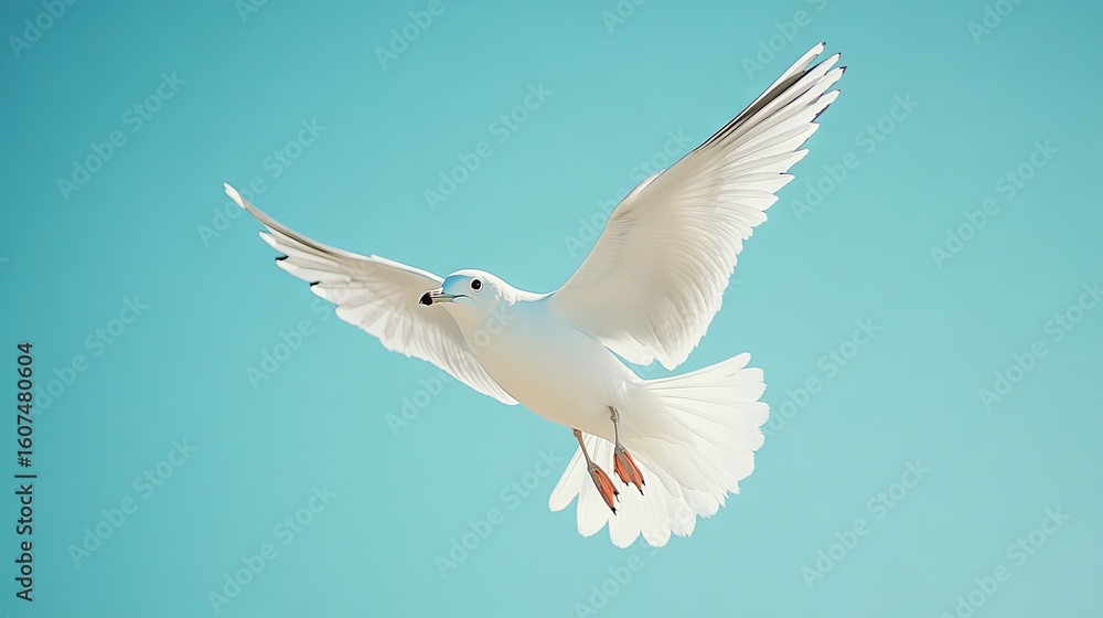 Obraz premium A white seagull with its beak open against a clear blue sky, capturing the essence of bird life