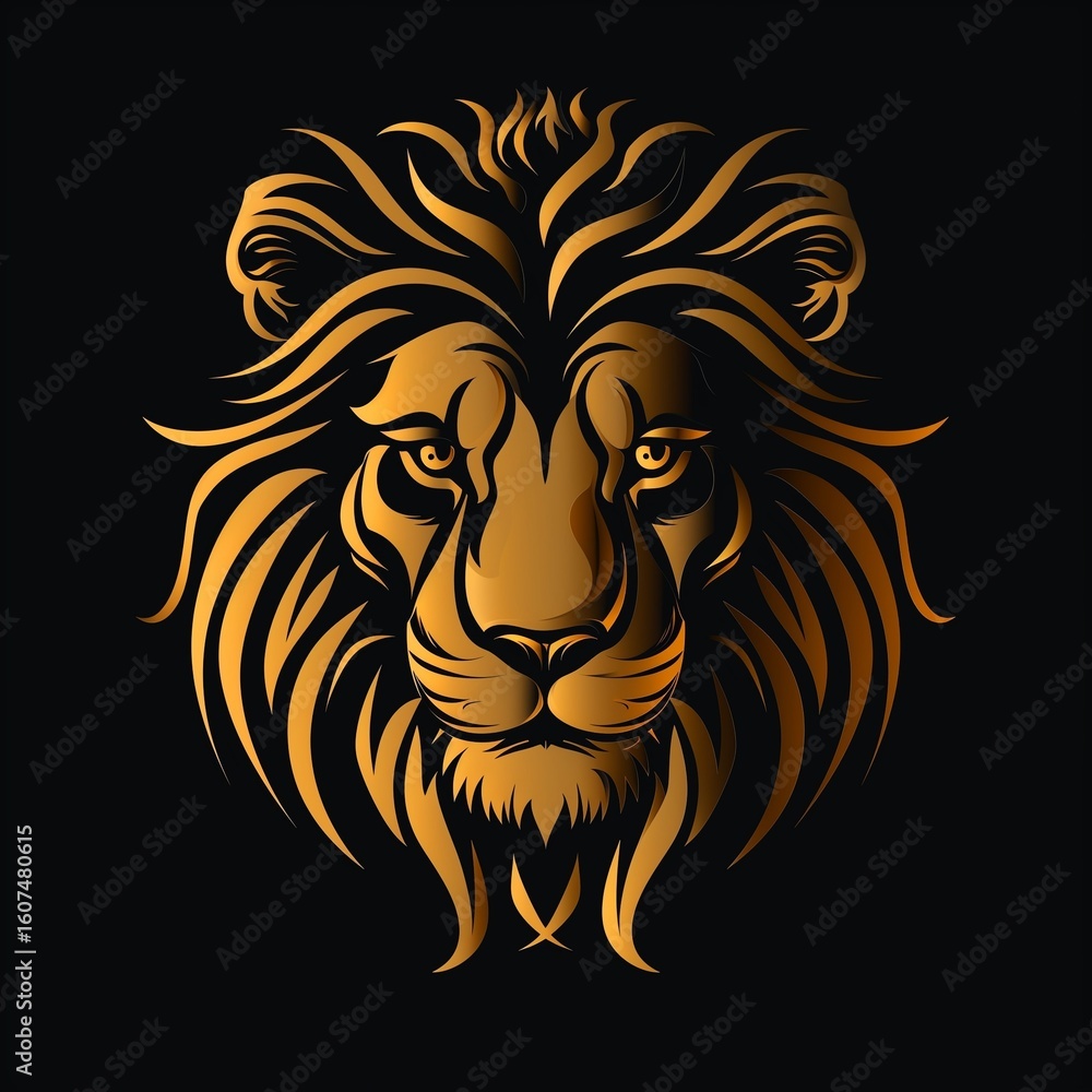 Fototapeta premium Majestic golden lion head with flowing mane illustrated in elegant curved lines on a black background, symbolizing power, strength, and royal presence in a stylized design