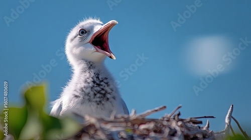 A white seagull with its beak open against a clear blue sky, capturing the essence of bird life
