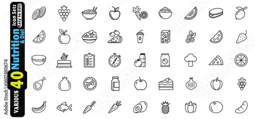 Collection of diverse food and nutrition icons in a grid layout food icons diet icons