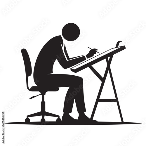 Vector art of an architect is working on a drawing at a drafting table, isolated on white background