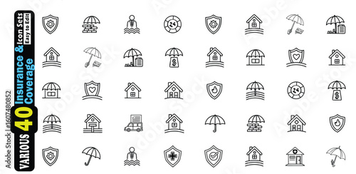 Collection of Insurance and Coverage Icons Shield Umbrella House and Money vector