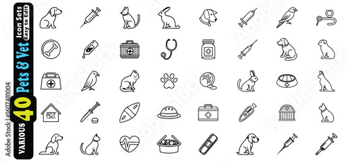 Collection of Pet and Veterinary Icons in Black and White Outline Style vector