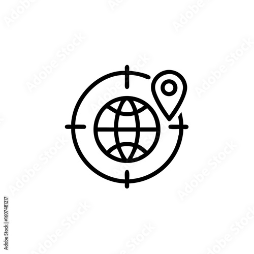 Outline globe with location pin target crosshairs world