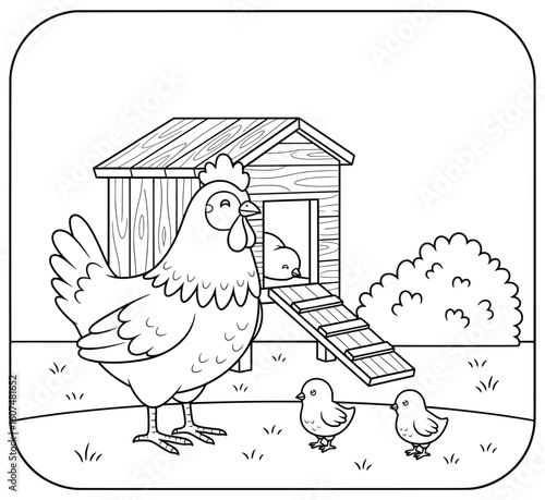 Hen and Chicks in Front of Wooden Chicken Coop with Ramp and Bush — Cute Farm Animal Coloring Page
